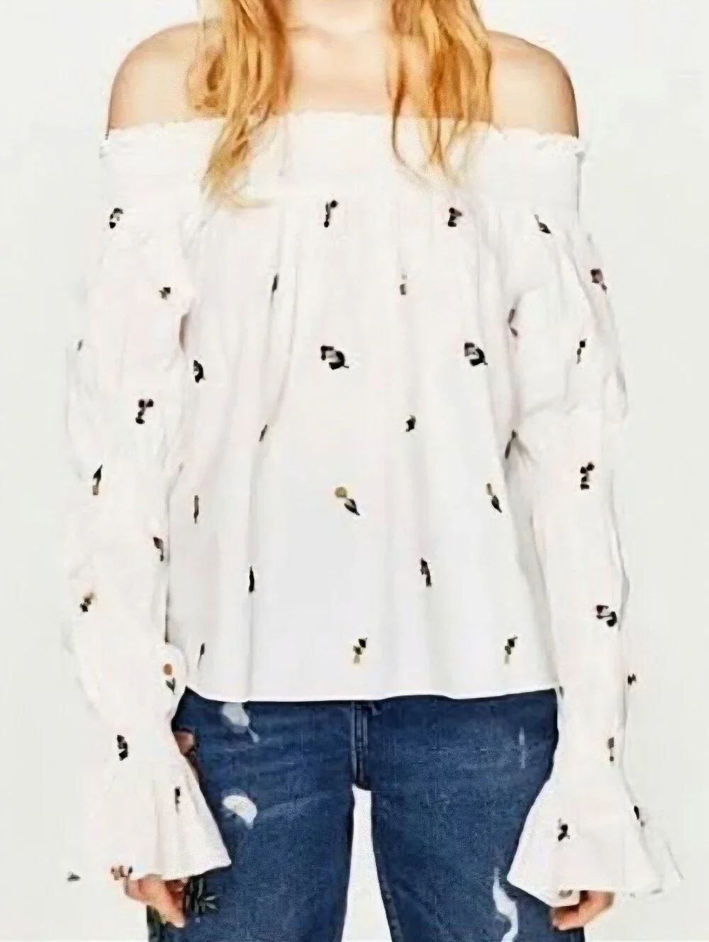 Zara Trafaluc Boho Off Shoulder Top White Floral Cottagecore Smocked